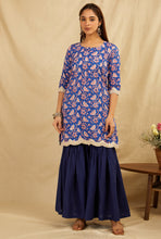 Load image into Gallery viewer, Blue cotton kurta sharara set with dupatta (Set of 3)
